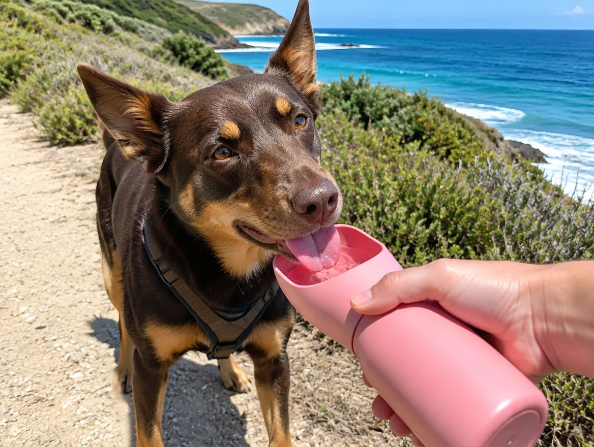 Kelpie drinking from a portable water bottle