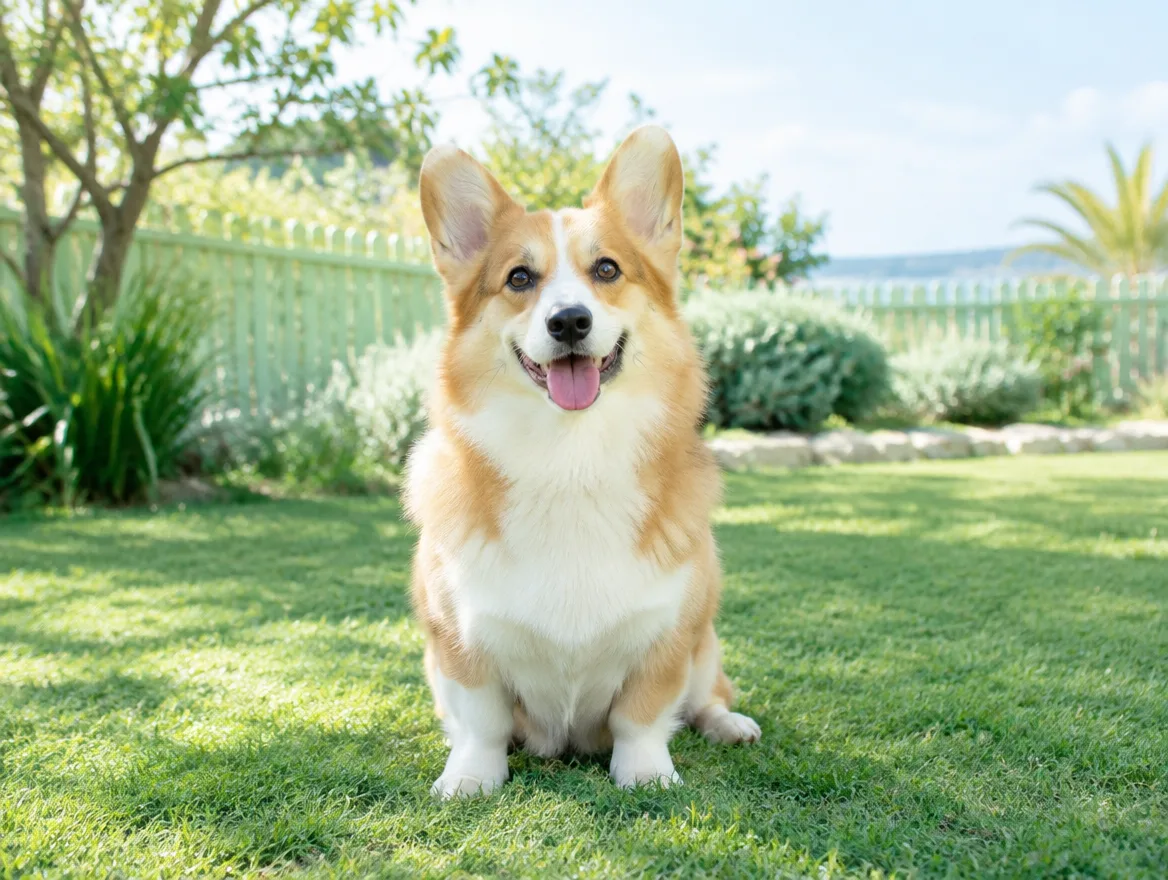 Happy corgi sitting on a sunny garden lawn