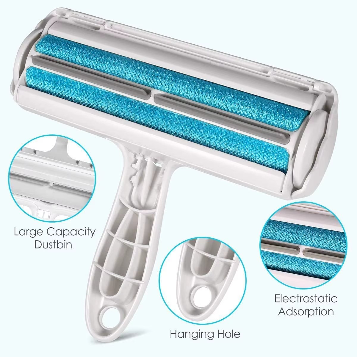 Pet hair remover features: large capacity chamber, hanging hole, electrostatic fibres